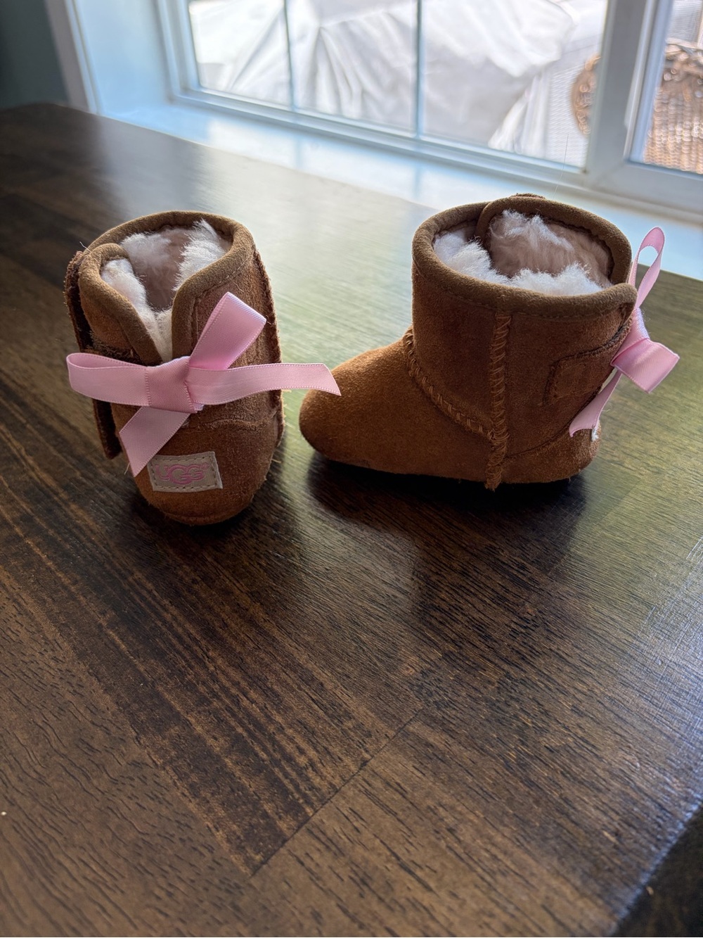 UGG Infant Brown Suede Booties with Pink Ribbon Bows